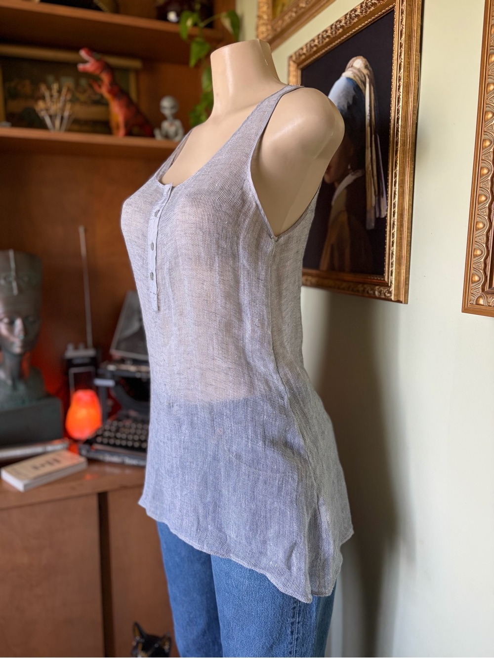 Eileen Fisher Gray Silver Mesh Linen Henley Tank Top Womans Size S Minimalist - Picture 9 of 16